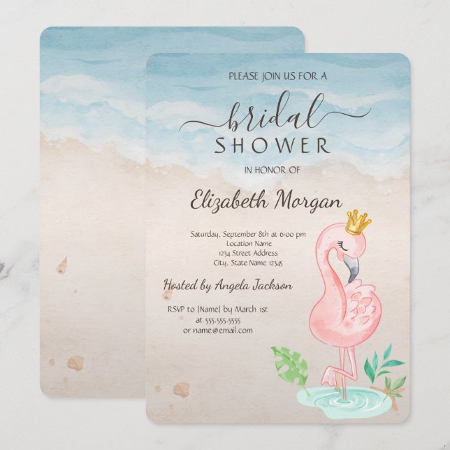 Invitation Fête de Mariage Coquillages de Plage Flamants Rose (Devant / Derrière)