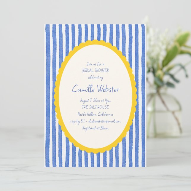 Invitation Fête de mariage côtier avec rayure bleue et coquil (Debout devant)