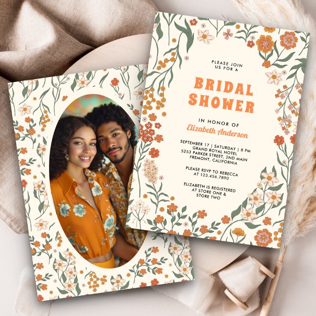 Invitation Fête de mariage Cream Orange Groovy Wildflower (Créateur téléchargé)