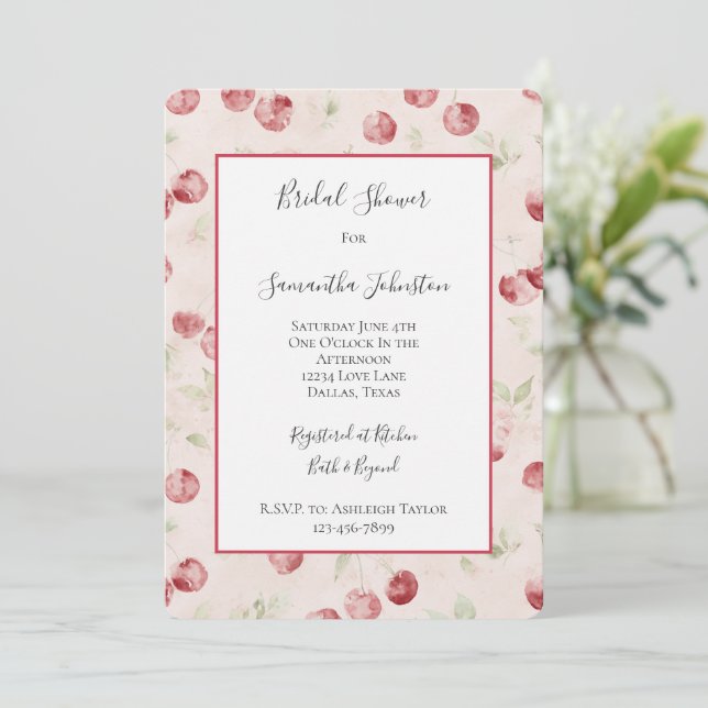 Invitation Fête de mariage Cream Red Cherries  (Debout devant)