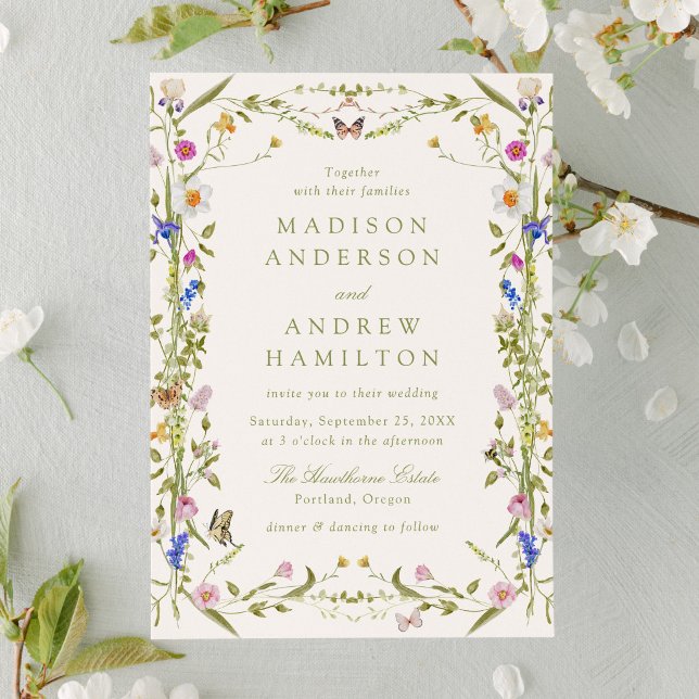 Invitation Fête de mariage crème dans une prairie fleurie col (Créateur téléchargé)