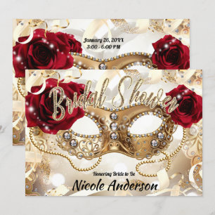 Invitation Fête de Mariage Crème Roses Rouges Mascarade Or