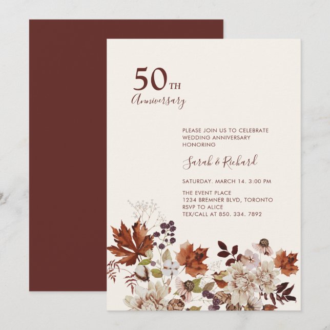 Invitation Fête de mariage d'anniversaire de fleurs d'automne (Devant / Derrière)