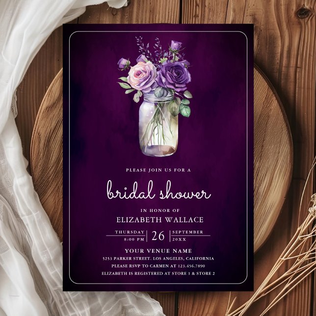 Invitation Fête de mariage dans un pot Mason aux fleurs viole (Créateur téléchargé)
