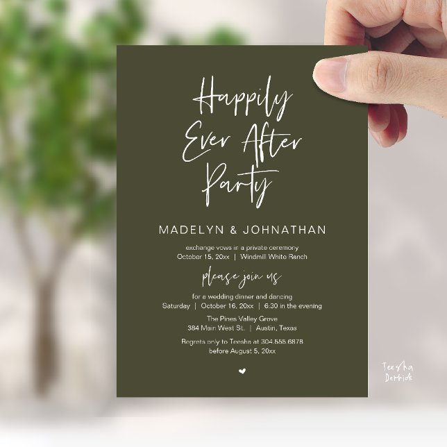Invitation Fête de Mariage d'aujourd'hui, Soirée de conte de  (Happily Ever After Party, Modern Wedding Reception Dinner Invitation card in olive green)
