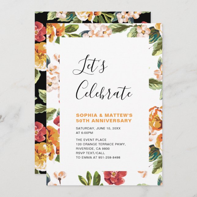 Invitation Fête de mariage de 50 ans avec des fleurs modernes (Devant / Derrière)