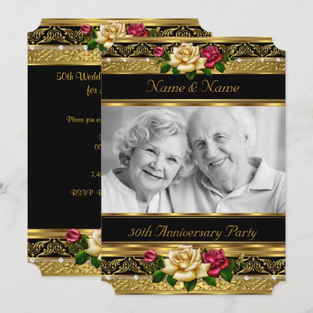 Invitation Fête de mariage de 50 ans avec rose de photo dorée (Devant / Derrière)