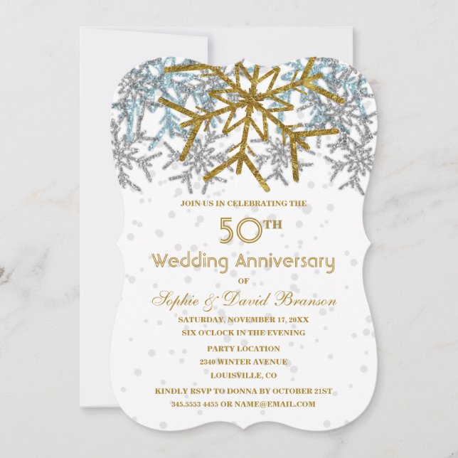 Invitation Fête de mariage de 50 ans Flocons de neige en arge (Devant)