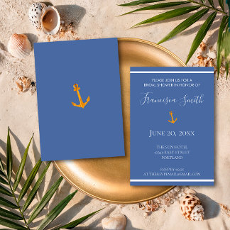 Invitation Fête de mariage de bord de mer bleu ancre dorée
