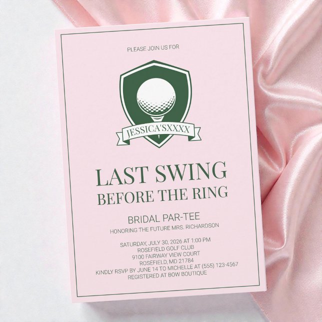 Invitation Fête de mariage de golf rose dernier swing avant l (Pink Golf Last Swing Before the Ring Bridal Party Invitation)