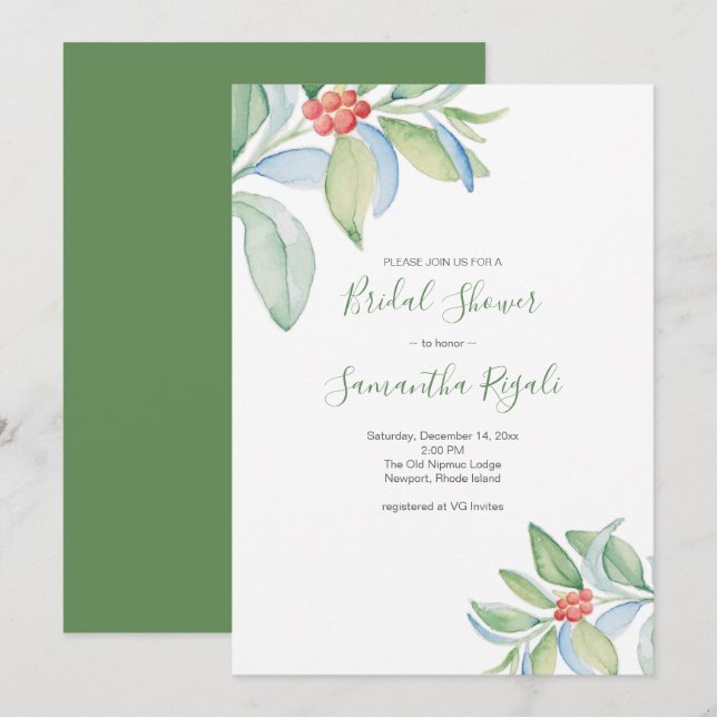Invitation Fête de mariage de Noël avec verdure à l'aquarelle (Devant / Derrière)