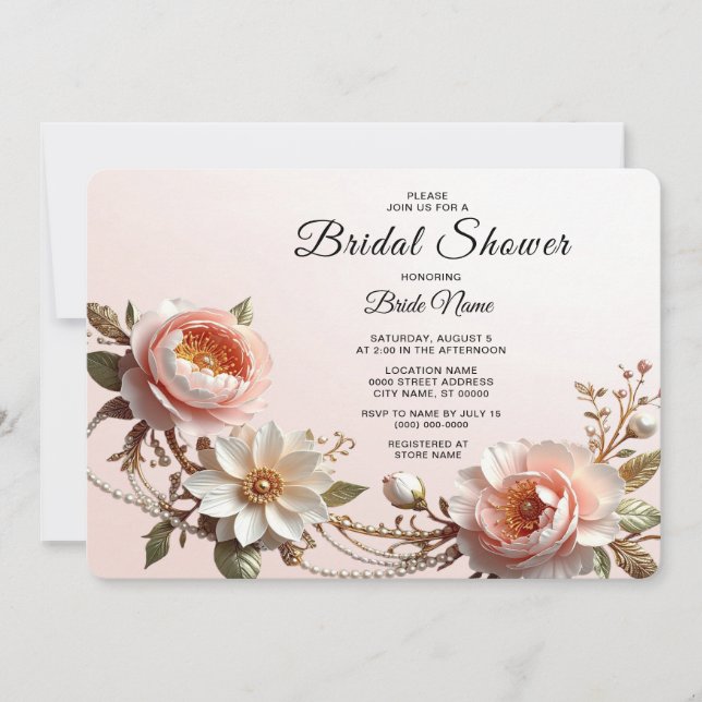 Invitation Fête de Mariage Décorative Fleurs Roses et Blanche (Devant)