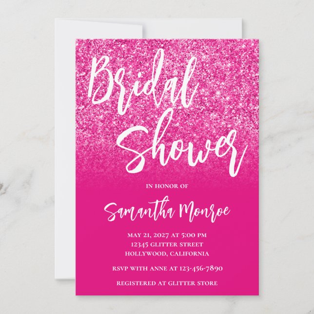 Invitation Fête de mariage dégradé paillettes rose vif (Devant)