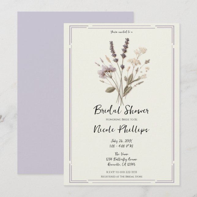 Invitation Fête de mariage délicate aux fleurs de lavande (Devant / Derrière)