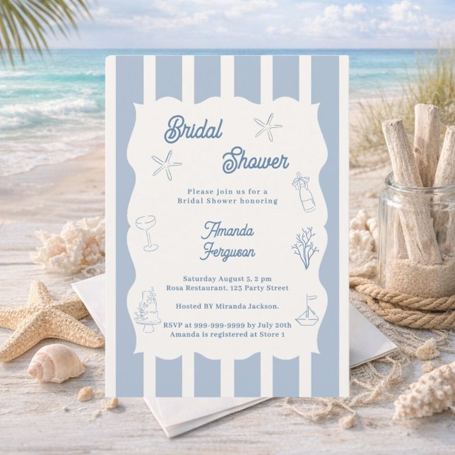 Invitation Fête de mariage dessinée à la main bleu poussiéreu (Créateur téléchargé)