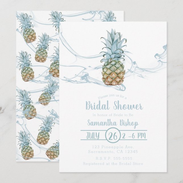 Invitation Fête de mariage d'été au jus d'ananas bleu poussié (Devant / Derrière)