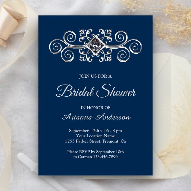 Invitation Fête de mariage diamantée Navy Blue Silver Flouris (Créateur téléchargé)