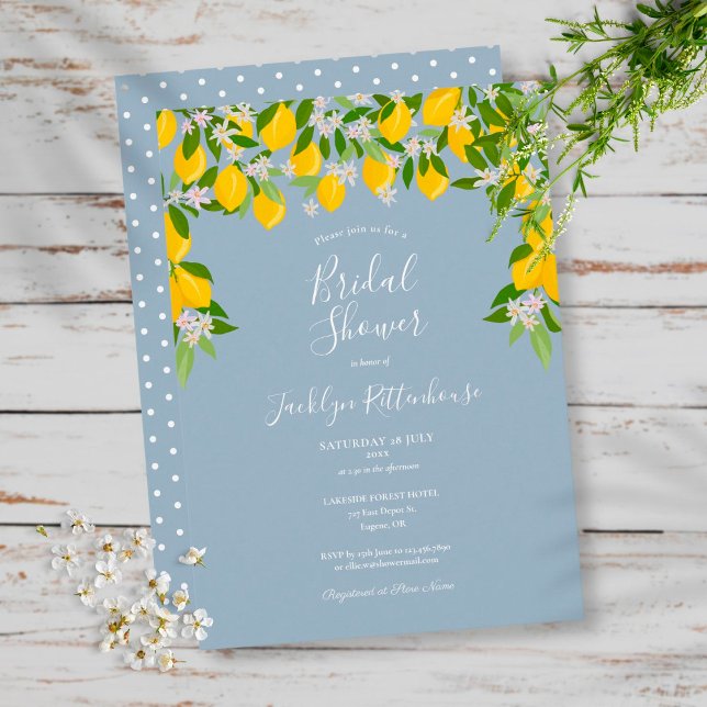 Invitation Fête de mariage Dusty Blue Fleur de Citron et Verd (Créateur téléchargé)