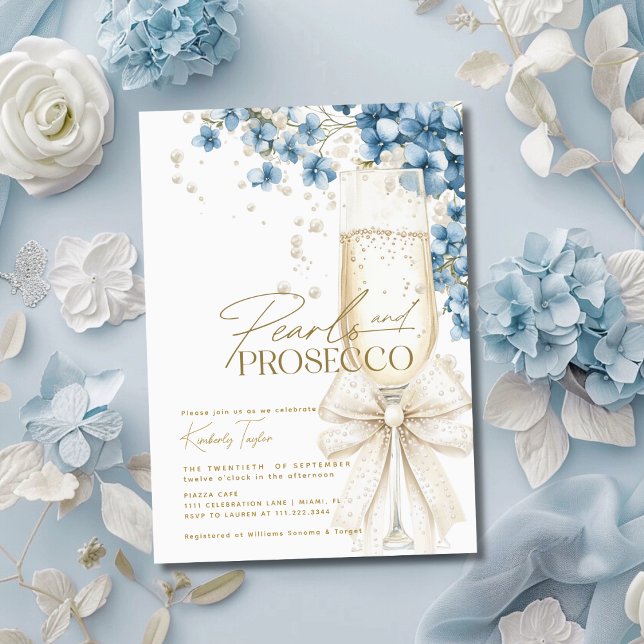 Invitation Fête de mariage Dusty Blue Floral Perles & Prosecc (Créateur téléchargé)