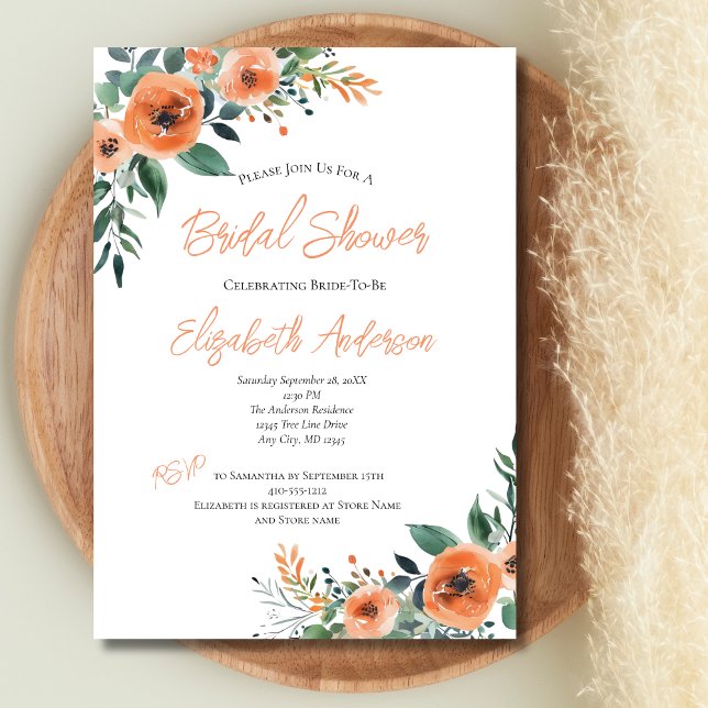 Invitation Fête de mariage élégante aquarelle florale pêche (Peach Floral Watercolor Bridal Shower Invitation. Printed or Instant Digital Download.)