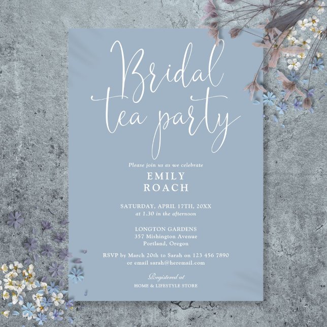 Invitation Fête de mariage élégante avec écriture manuscrite  (Dusty Blue Elegant Script Bridal Tea Party Shower Invitation)