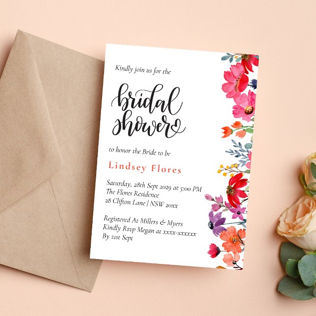 Invitation Fête de mariage élégante avec verdure florale colo (Elegant colorful floral greenery invitation creates a fresh, joyful bridal shower tone)