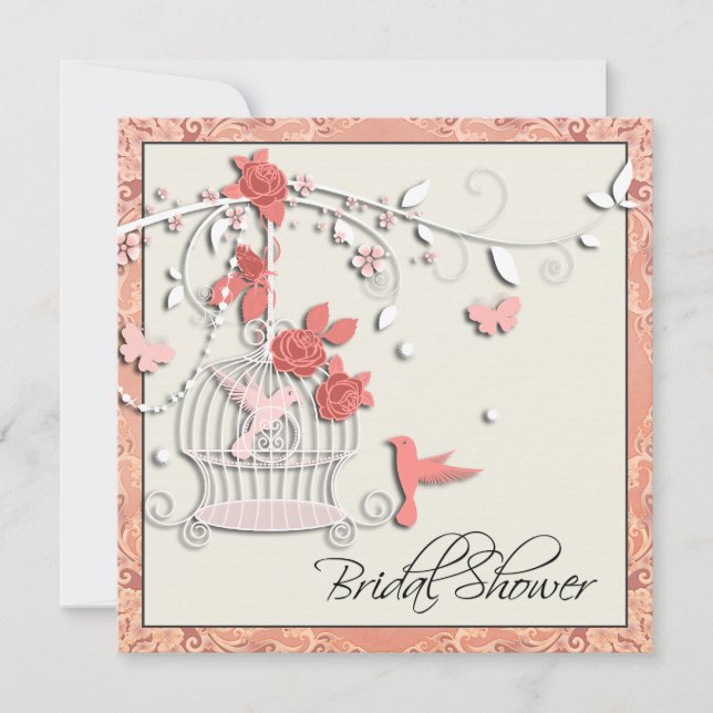 Invitation Fête de mariage élégante Corail Cage à oiseaux (Devant)