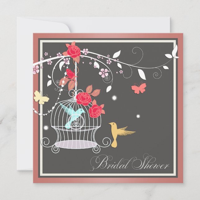 Invitation Fête de mariage élégante Corail Cage à oiseaux (Devant)
