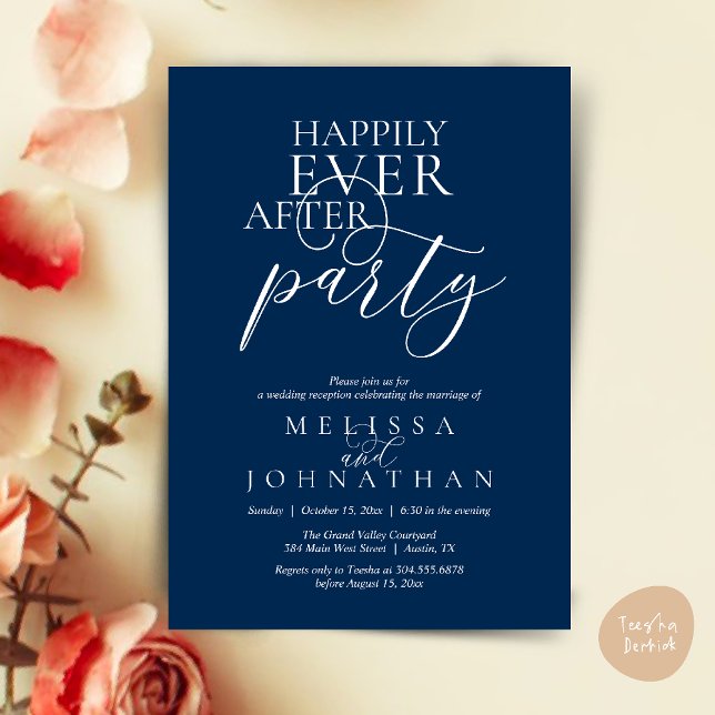 Invitation Fête de Mariage Élégante et Moderne, Happily Ever  (Happily Ever After Party, Modern Classy Wedding Invitation Card PDF Navy Blue)