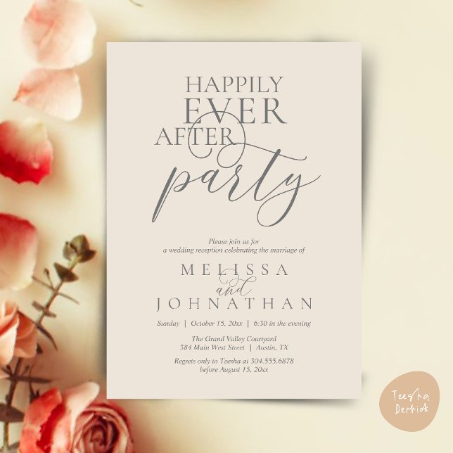 Invitation Fête de Mariage Élégante et Moderne, « Joyeux Pour (Happily Ever After Party, Modern Classy Wedding Invitation Card PDF Cream Grey)