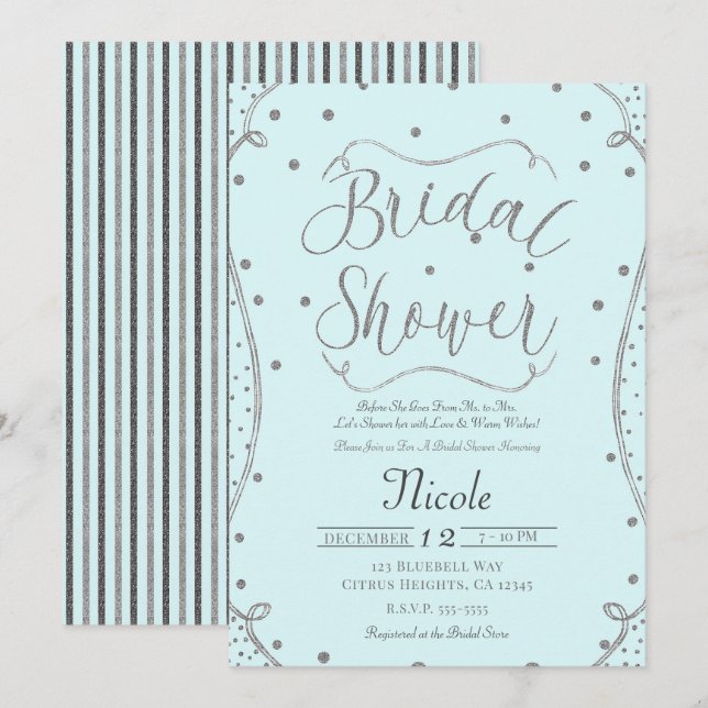 Invitation Fête de mariage en bleu clair et argent (Devant / Derrière)