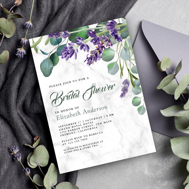 Invitation Fête de mariage en marbre blanc avec lavande et eu (Créateur téléchargé)