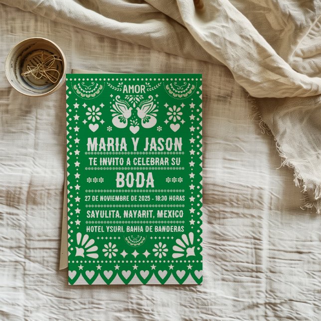 Invitation Fête de mariage espagnol en papier découpé vert, a (Green Papel Picado Fiesta Folk Art Spanish Wedding Invitation)