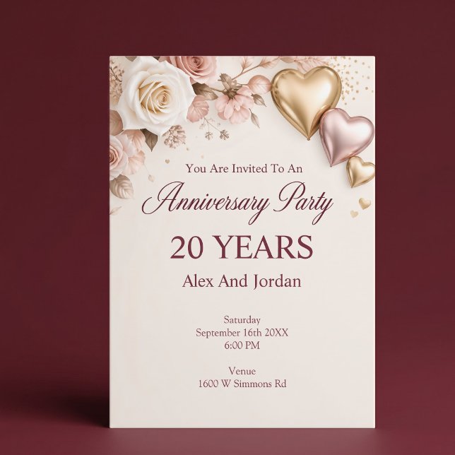Invitation Fête de mariage et d'anniversaire de mariage Rose  (Créateur téléchargé)