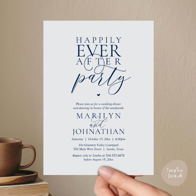 Invitation Fête de mariage et dîner de fugue amoureuse pour t (Happily Ever After Party Wedding Elopement Dinner Dancing Invitation Card in Navy Blue Chill Grey)