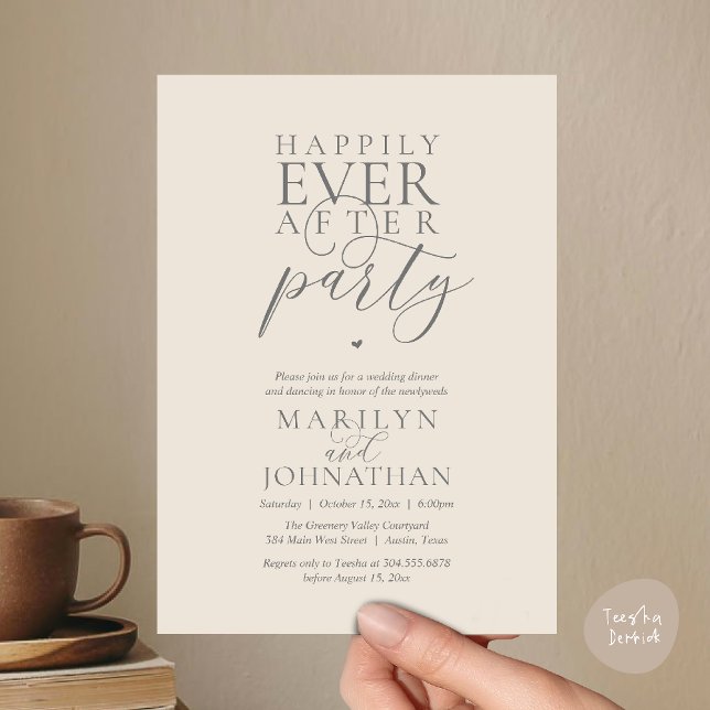 Invitation Fête de mariage et dîner de fugue amoureuse pour t (Happily Ever After Party Wedding Elopement Dinner Dancing Invitation Card in Cream Grey)