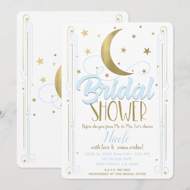 Invitation Fête de mariage fantaisiste bleu clair or lune éto (Devant / Derrière)