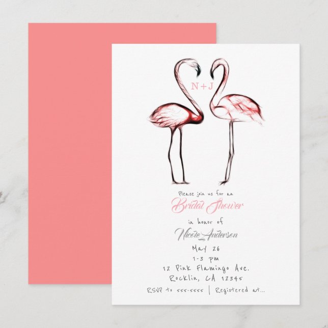 Invitation Fête de Mariage Flamant Rose Pêche Flamants Roses (Devant / Derrière)