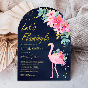 Invitation Fête de mariage Flamingo Tropical Floral Rose Navy