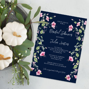 Invitation Fête de Mariage Fleur d'Hibiscus Rose Bleu Marine