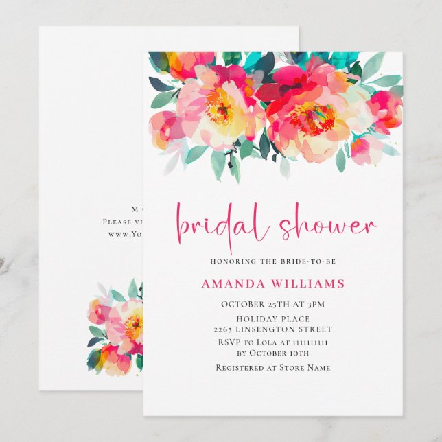 Invitation Fête de mariage Fleur Orange Rose Clair Aquarelle (Devant / Derrière)