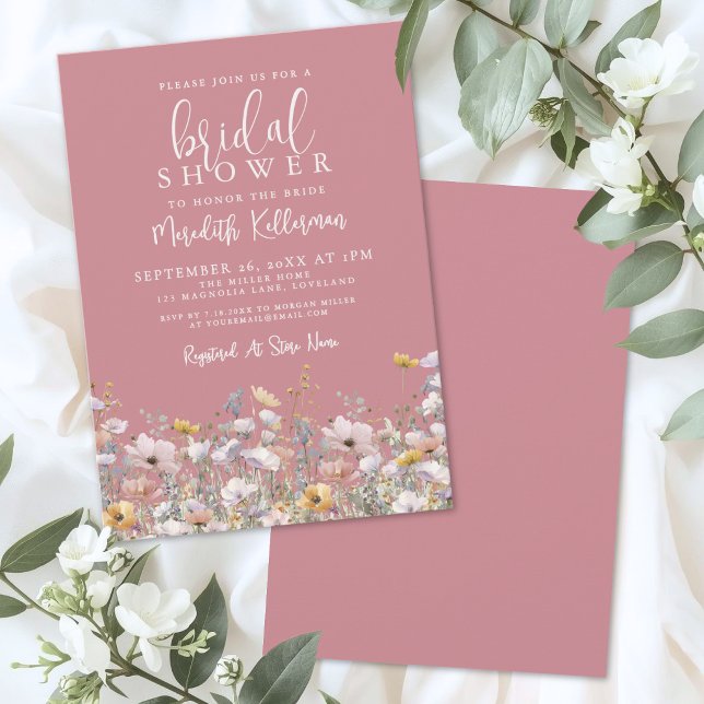 Invitation Fête de Mariage Fleur Sauvage Rose Poussiéreux (Dusty Pink Wildflower Bridal Shower Invitation )