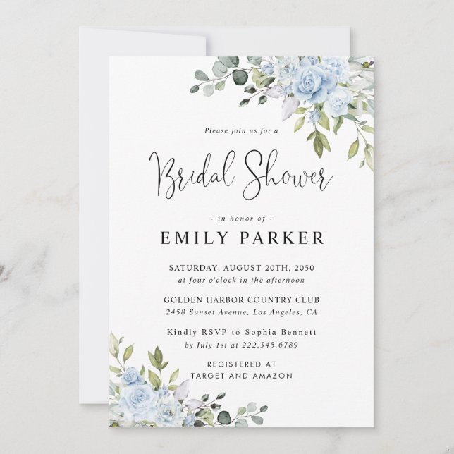 Invitation Fête de mariage fleurie au eucalyptus bleu poussié (Devant)
