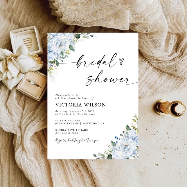 Invitation Fête de mariage fleurie bleu clair romantique  (Créateur téléchargé)
