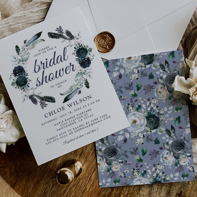 Invitation Fête de mariage fleurie bleu poussiéreux rustique (Créateur téléchargé)