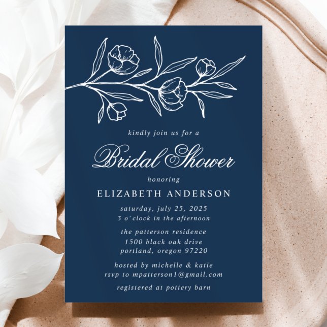 Invitation Fête de mariage fleurie esquisée Navy (Créateur téléchargé)