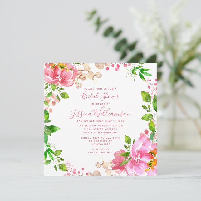 Invitation Fête de mariage Fleurs aquarelle rose  (Debout devant)