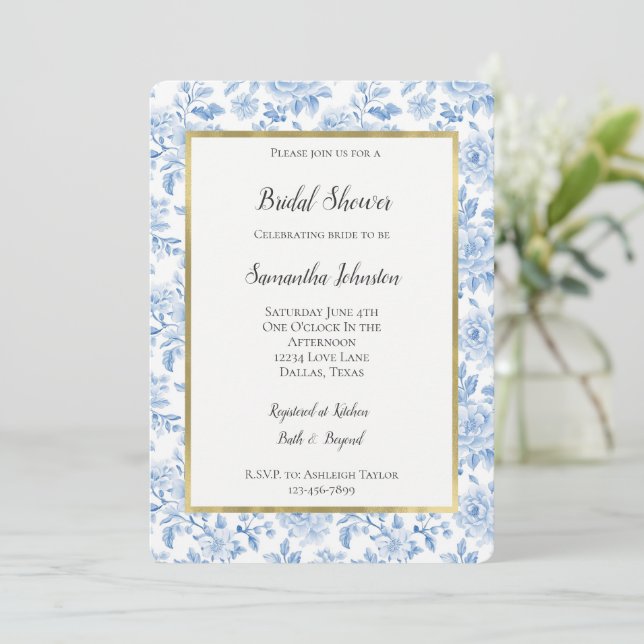 Invitation Fête de mariage Fleurs Blanches Bleues Romantiques (Debout devant)