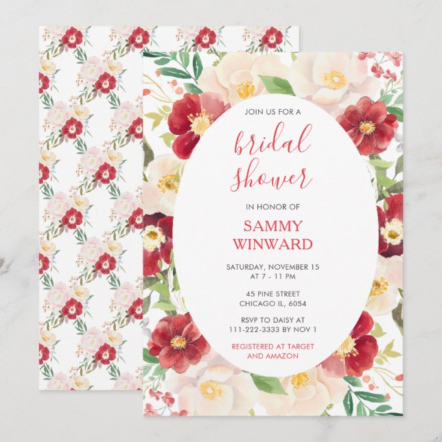 Invitation Fête de mariage Fleurs rouges et crème Romantiques (Devant / Derrière)