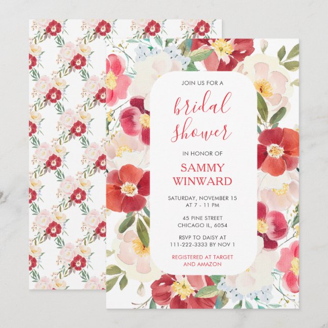 Invitation Fête de mariage Fleurs Rouges et Crème Romantiques (Devant / Derrière)